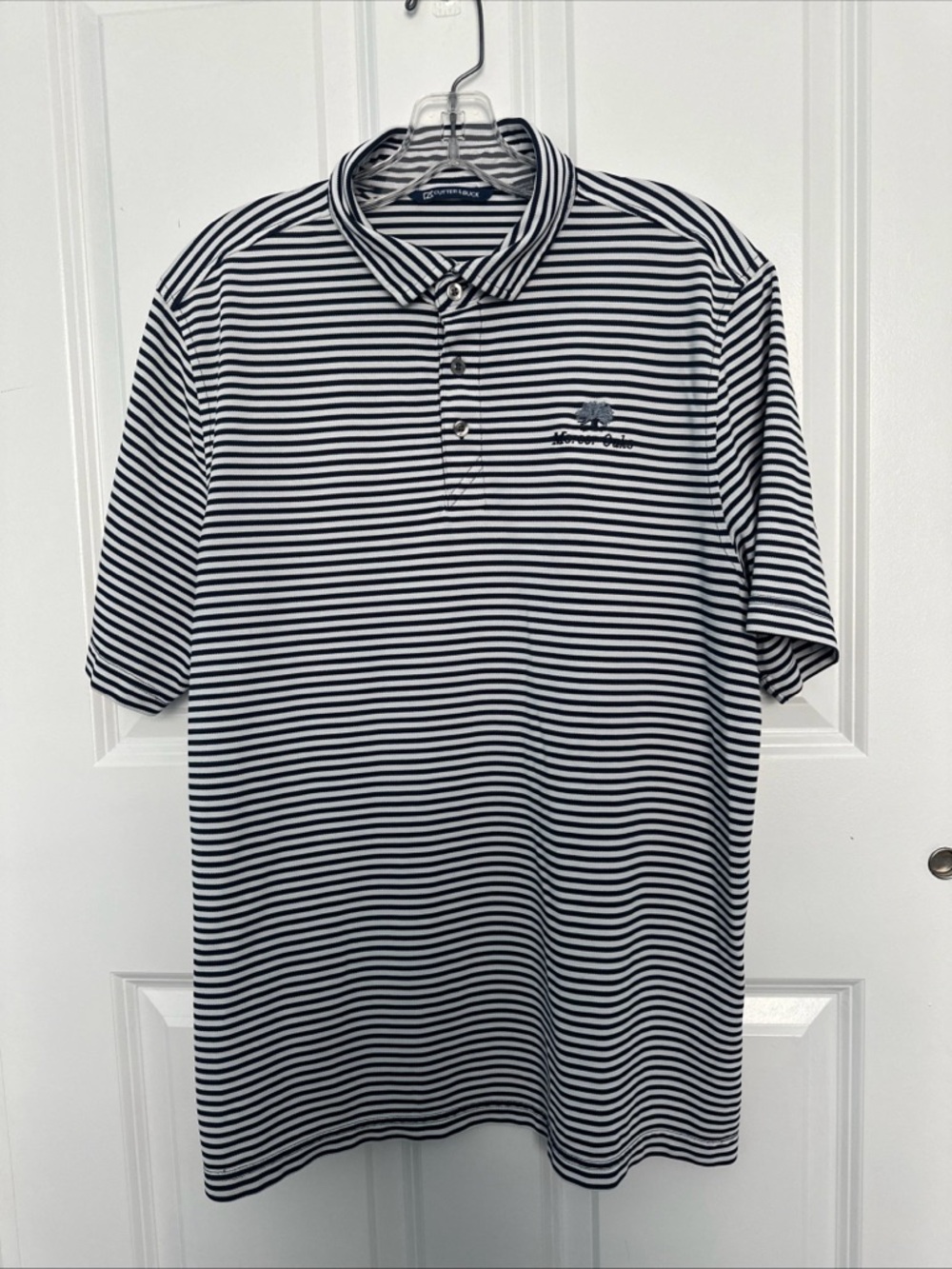 Cutter & Buck Men’s Navy Strip Polo Short Sleeve Golf Activewear Shirt Sz L